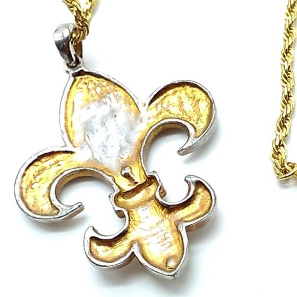 Pave Crystal Fleur de lis Gold-tone & Silver-tone Pendant Rope Chain Necklace - Picture 10 of 11